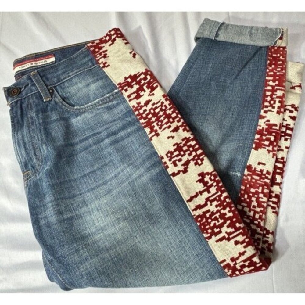 Tommyβ Hilfiger Denim Womenβs 100% Cotton Patchwork Pants Blue Wash β’ See Pic